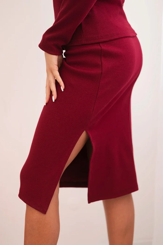 Women's cotton set ribbed blouse and pencil skirt burgundy
