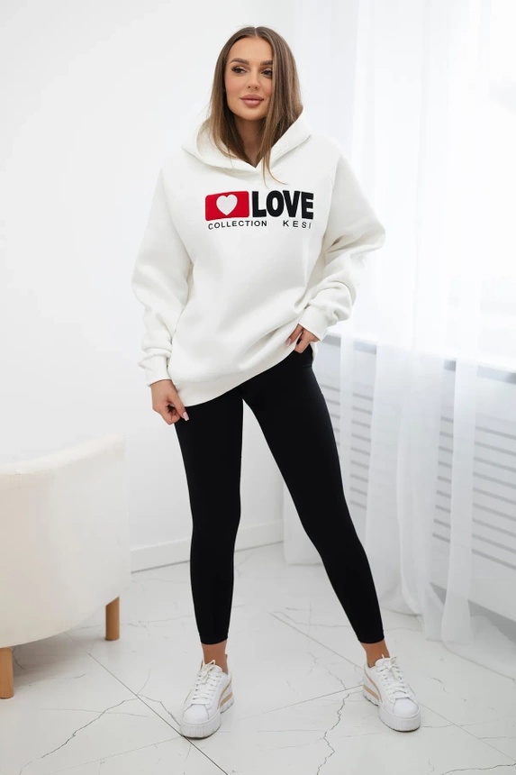 Insulated cotton sweatshirt with a hood Love ecru