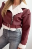 Women's pilot jacket made of eco-leather, insulated with fur and a belt, burgundy