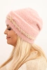 Women's winter fluffy hat with pearls and decorative weave dark powder pink