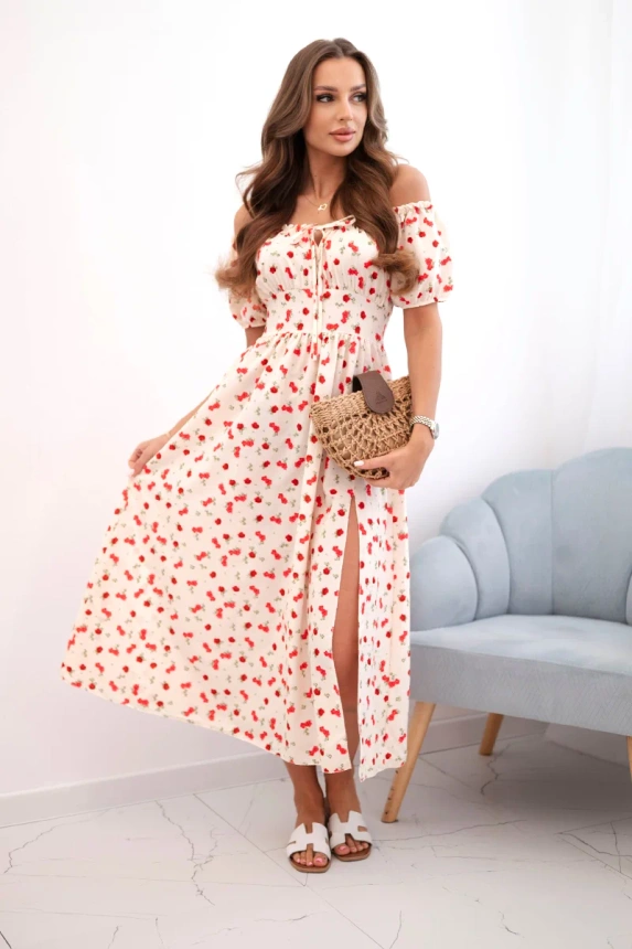 Women's maxi dress with flowers and puffs beige+red