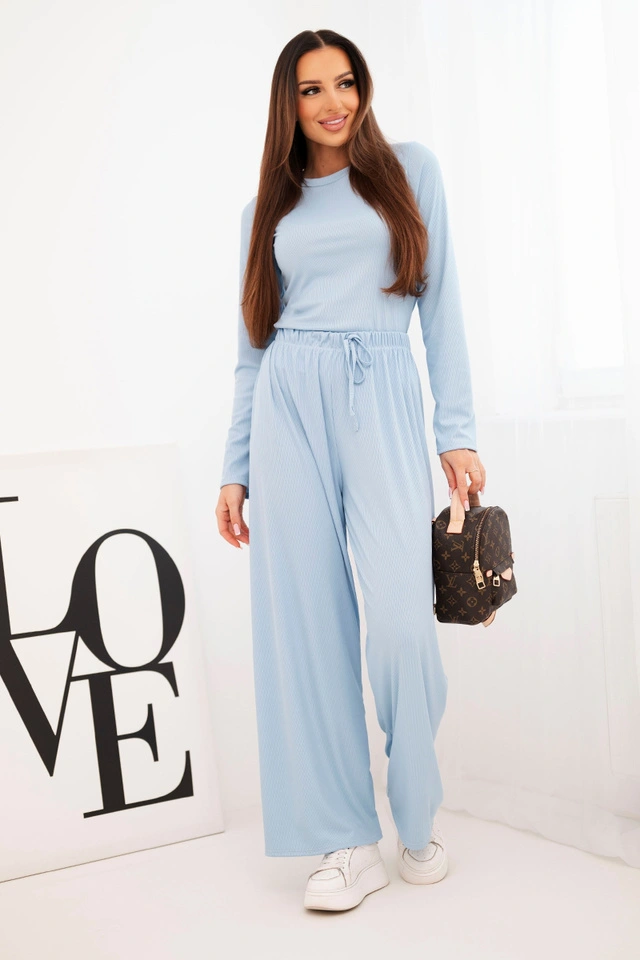 Women's viscose set with a blouse and wide pants blue