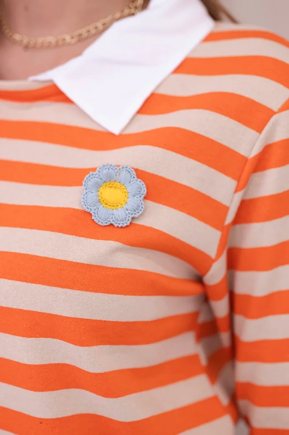 Gestreifte Baumwollbluse mit Kragen orange+beige