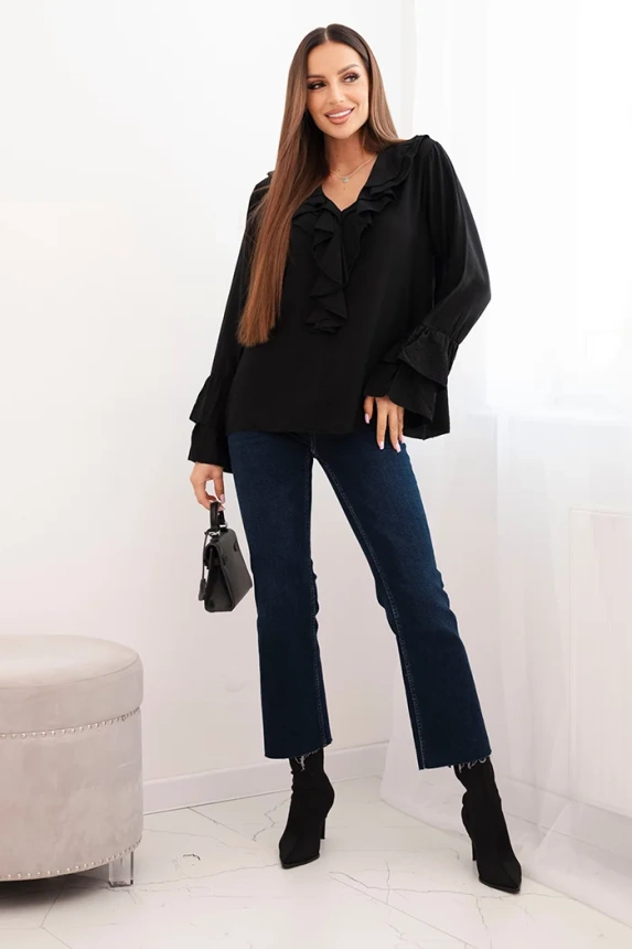 Women's viscose blouse with frills and long sleeves black