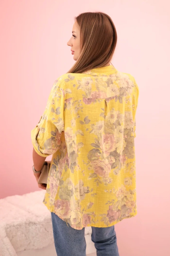 Women's cotton shirt with floral pattern and rolled up sleeves kiwi