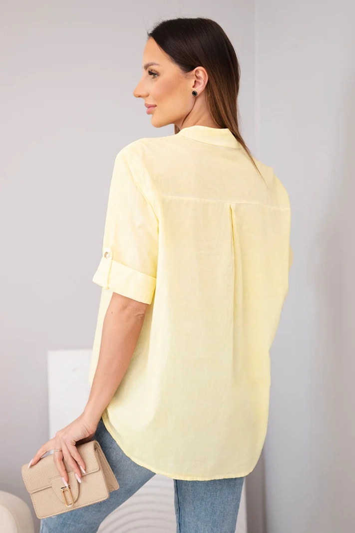 Damen-Hemdbluse aus Baumwolle mit kurzen Ärmeln und Tasche gelb