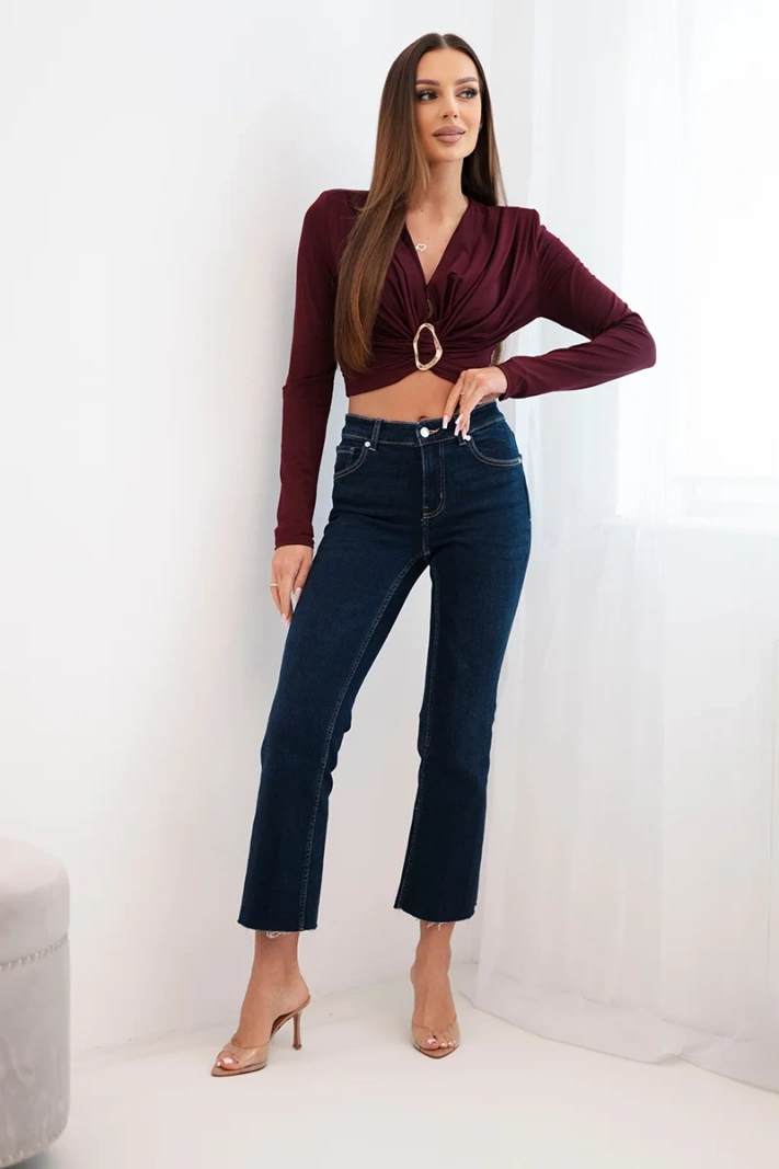 Women's blouse with ruching and a decorative buckle maroon