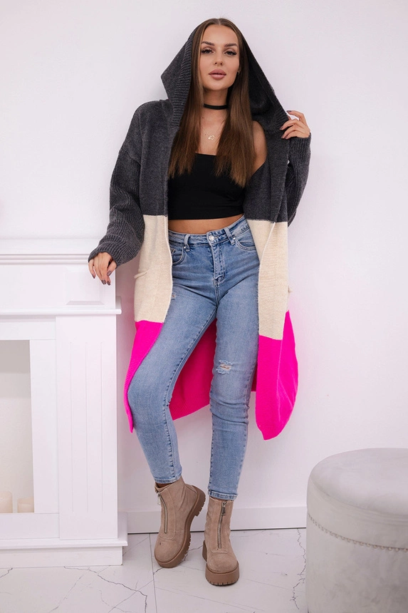 Gestreifter Cardigan-Pullover mit Kapuze graphit + beige + pink neon