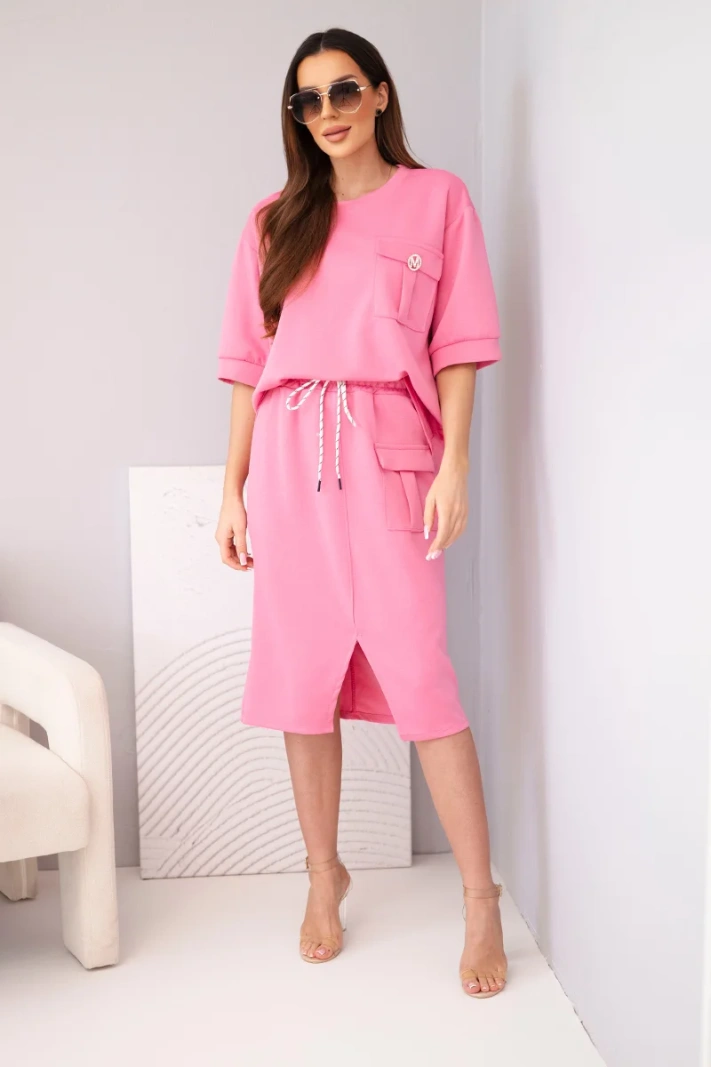 Women's buttery-soft set with a top and a midi skirt pink