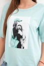 Women's oversized cotton top with short sleeves and a trendy print dark mint