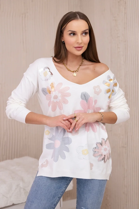 Sweater blouse with colorful flowers pink+grey