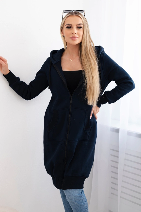 Long insulated sweatshirt with a hood navy blue