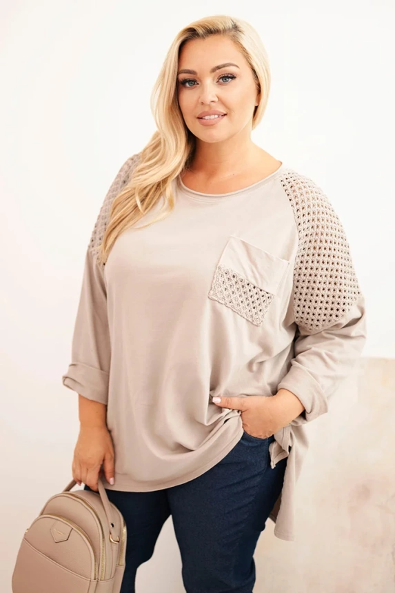Damenbluse Plus Size aus Baumwolle mit Druck beige