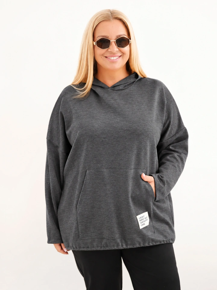 Bluza damska Plus Size masełko z kapturem i kieszenią kangurką grafitowy melanż