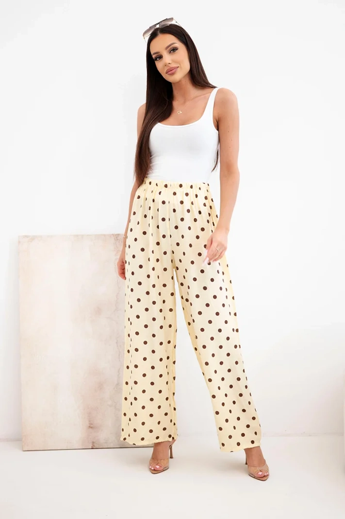 Dámske široké nohavice s bodkami s gumou v páse na leto žlté