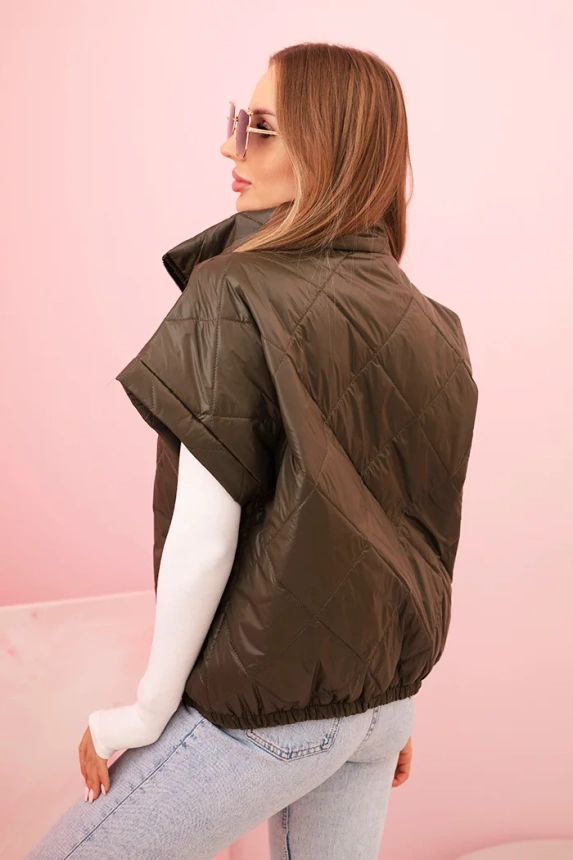 Moteriška quilted liemenė su trumpomis rankovėmis ir apykakle khaki