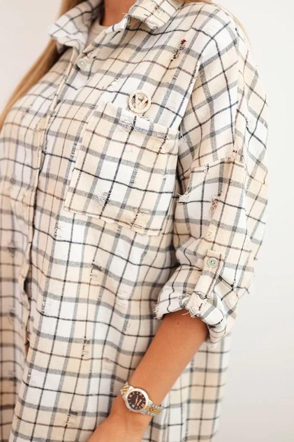 Women's cotton checkered shirt with a distressed effect beige