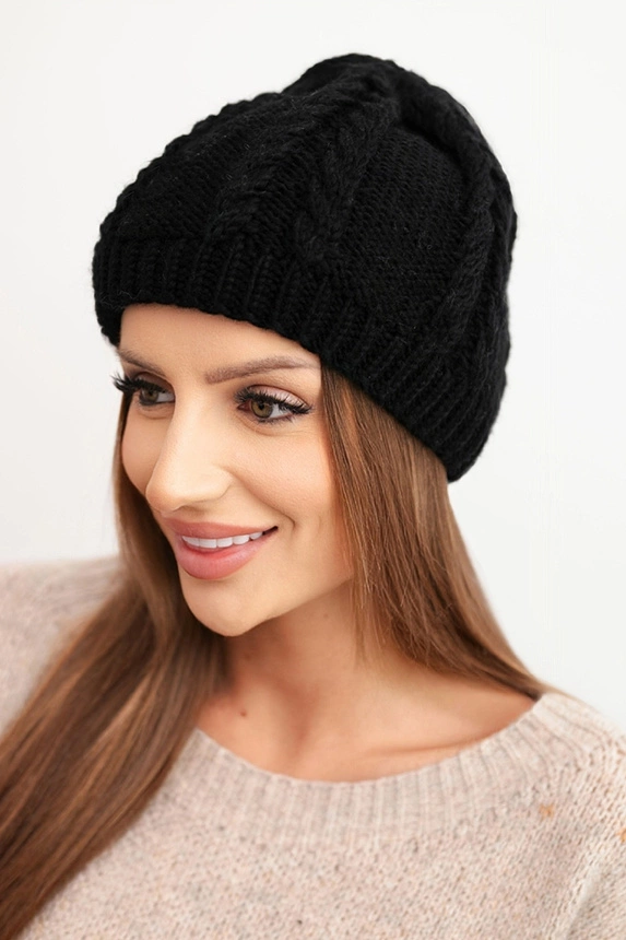 Women's winter wool hat with cable knit pattern K452 black