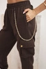 Women's cotton cargo pants with pockets and a chain brown