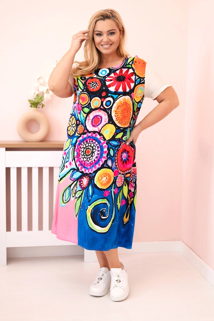 Sukienka damska Plus Size z wiskozy z kolorowym nadrukiem beżowy + różówy zdjęcie 1