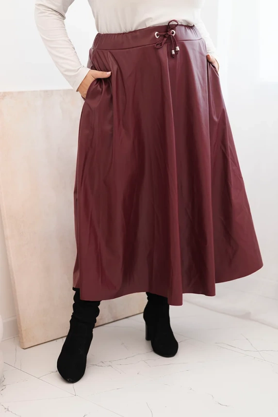 Plus Size women's skirt made of eco-leather with elastic and drawstring at the waist burgundy