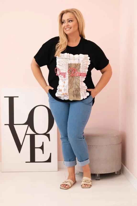 Women's Plus Size Cotton Blouse with “Day Dream” Print black + camel