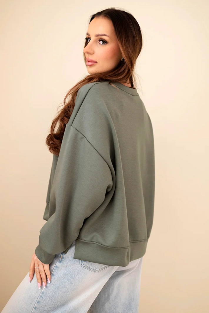 Women's loose-fitting sweatshirt with embroidery in butter color khaki
