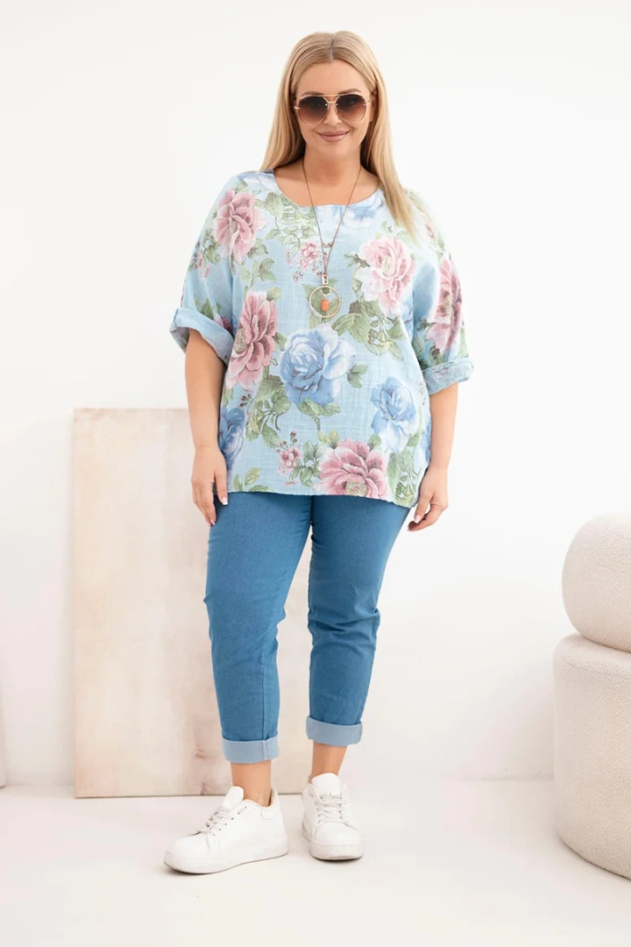 Dámská bavlněná halenka Plus Size s krátkým rukávem a květinovým vzorem modrá