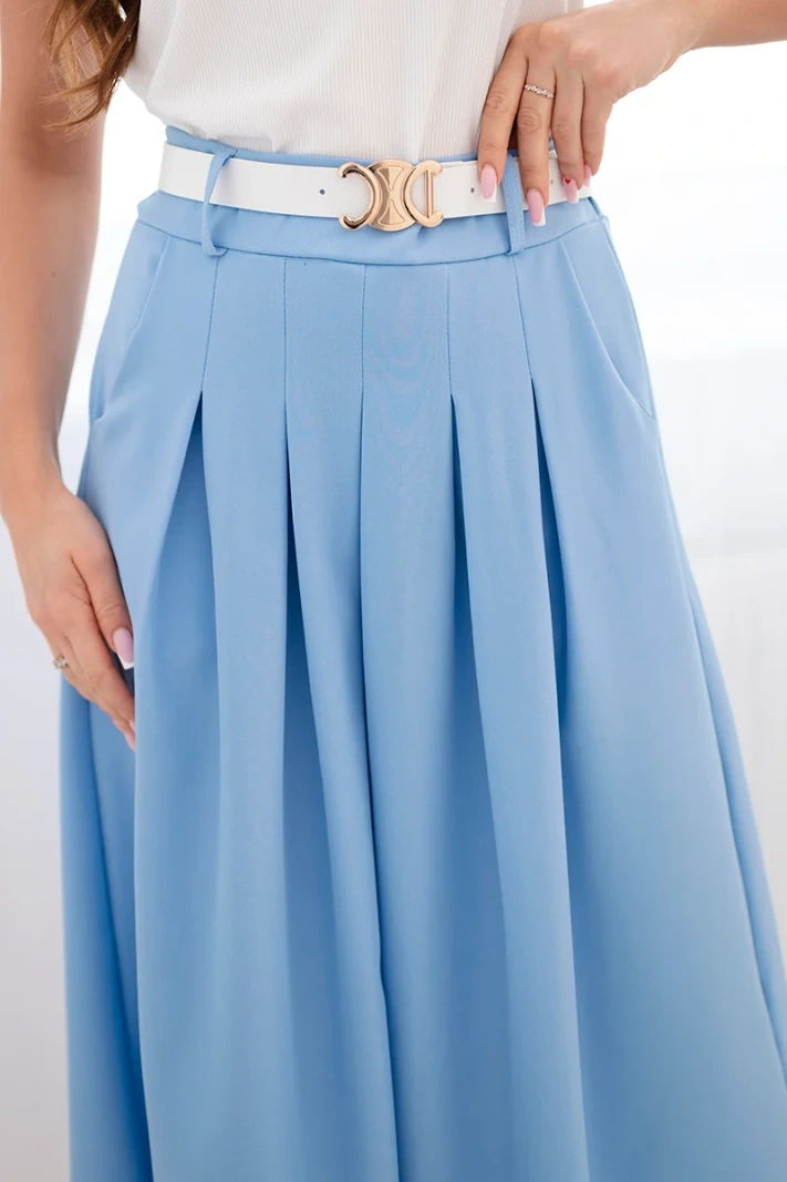 Women's viscose skirt with a belt and pleats blue