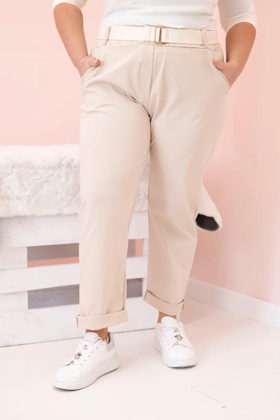 Damen Baumwollhose in Plus Size mit Gürtel hellbeige