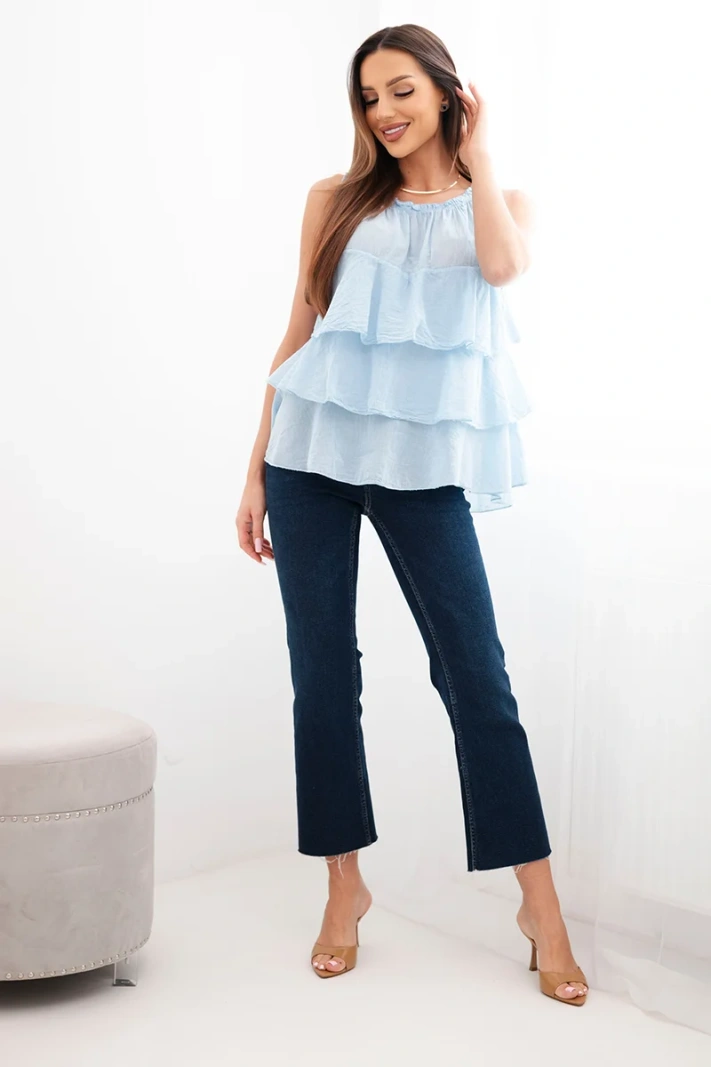 Women's cotton off-the-shoulder blouse with ruffles sleeveless blue