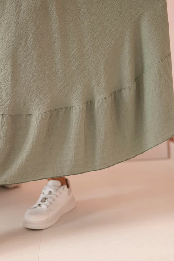 Plus size women's dress with short sleeves and ruffle made of light viscose khaki