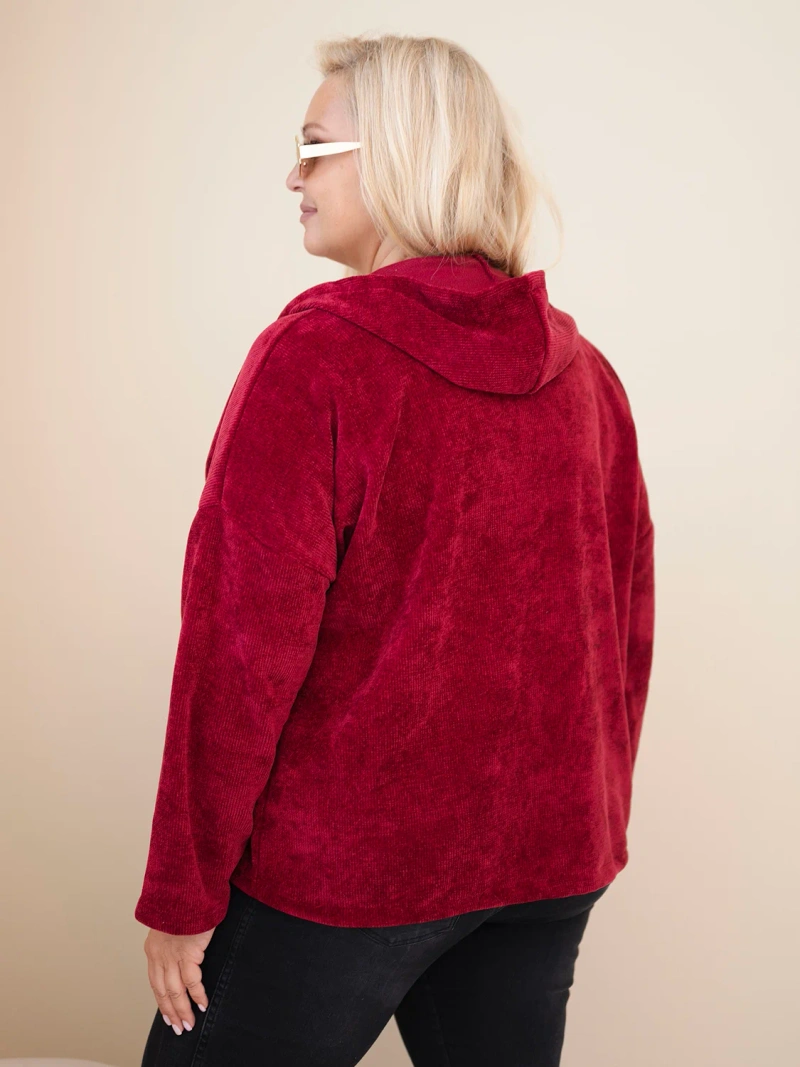 Plus Size women's corduroy hoodie with zipper oversize burgundy red
