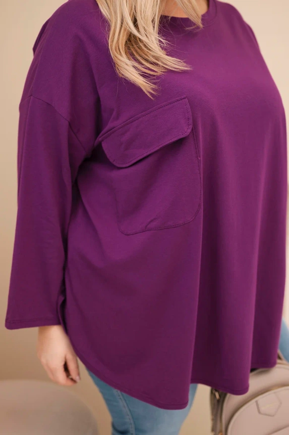 Dámská blůza Plus Size s bavlnou, s kapsou a ohrnutým rukávem tmavě fialová