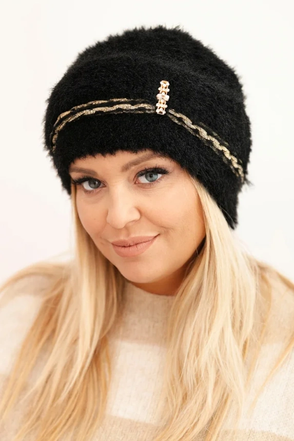 Women's winter fluffy hat with pearls and decorative weave black