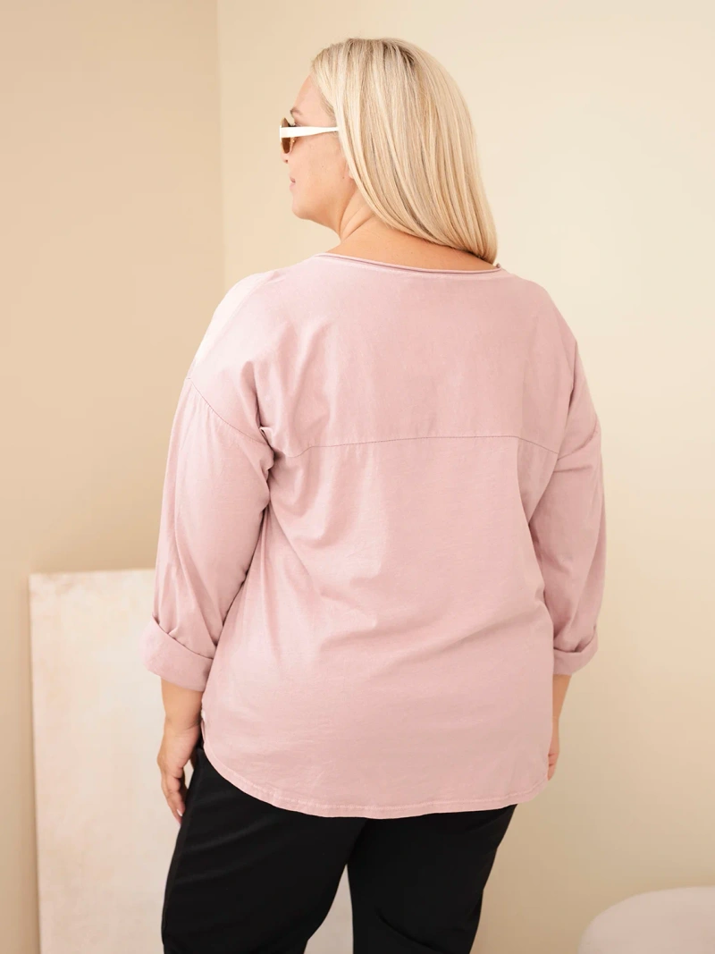 Dámská bavlněná halenka Plus Size s potiskem a výstřihem U růžová tmavá pudrová