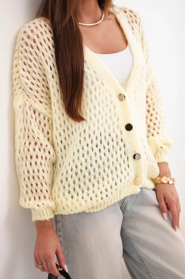 Damen Oversize Lochstrick Pullover mit Knöpfen verschlossen gelb