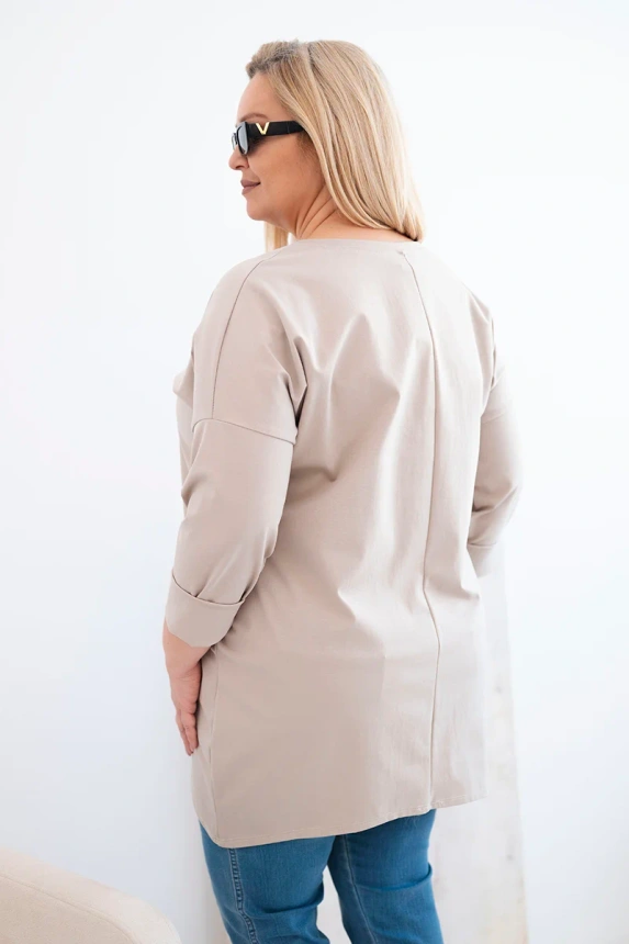 Ladies' Plus Size blouse with a longer back and long sleeves dark beige