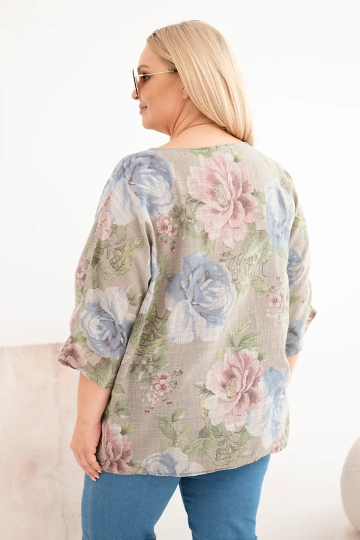 Damen-Baumwollbluse in Übergröße mit kurzem Ärmel und Blumenmuster fango