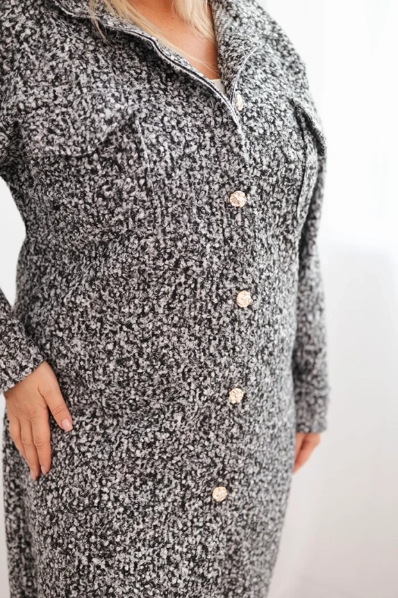 Moteriškas paltas Plus Size su vilna, užsegamas mygtukais, su kišenėmis ir apykakle grafito melange