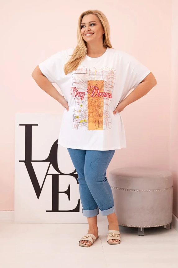 Dámská bavlněná halenka Plus Size s potiskem „Day Dream“ bílá + oranžová