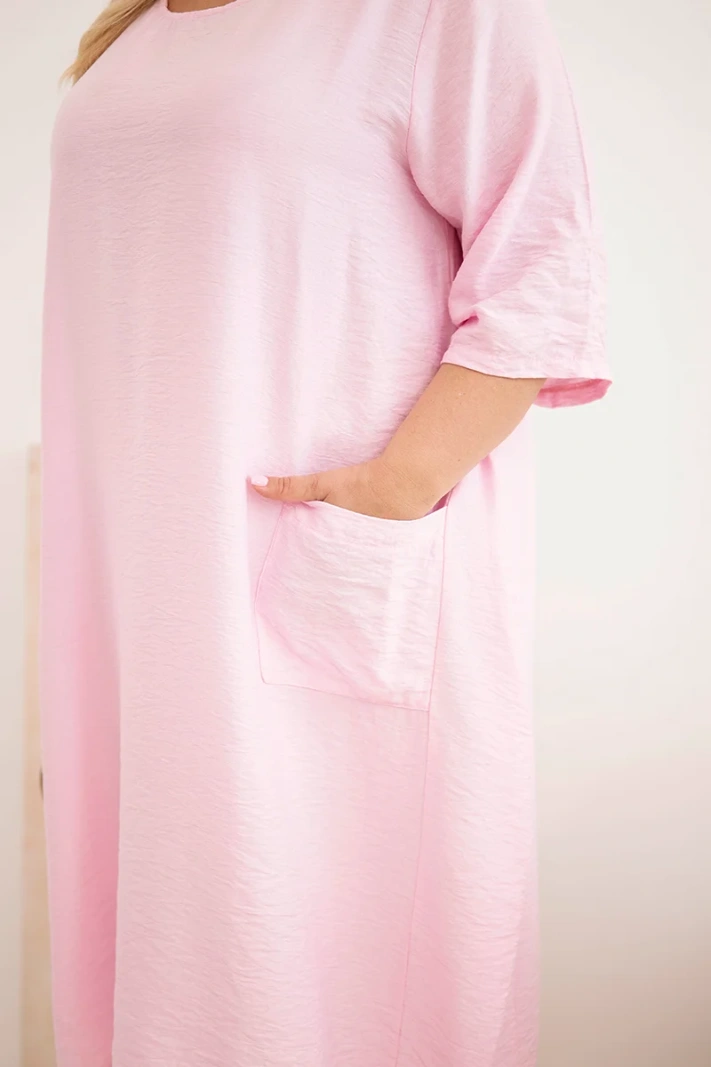 Sukienka damska Plus Size wiskozowa z kieszeniami krótki rękaw cukierkowy róż