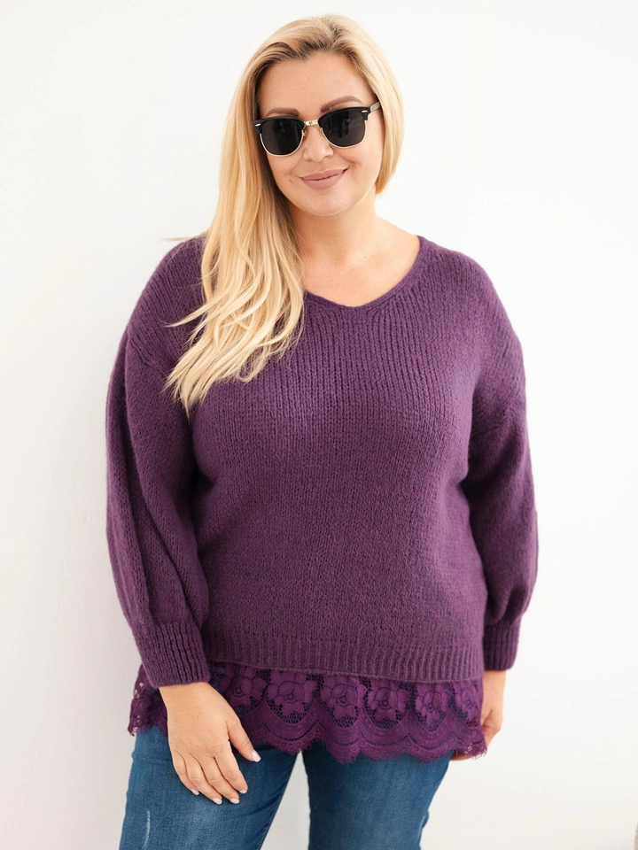 Damenpullover Plus Size mit Spitzenabschluss dunkelviolett