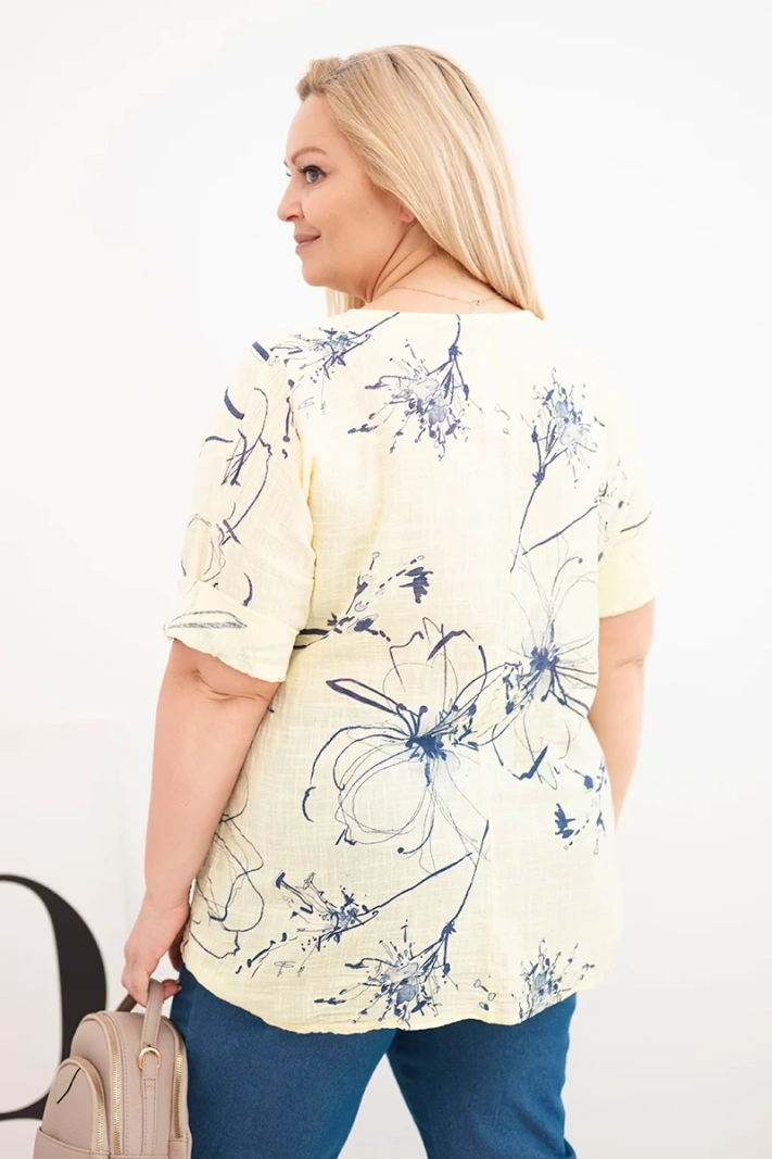 Damen-Baumwollbluse in Übergröße mit kurzen Ärmeln und Tasche gelb