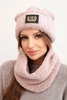 Women's fleece set hat and scarf with decorative patch dark powder pink