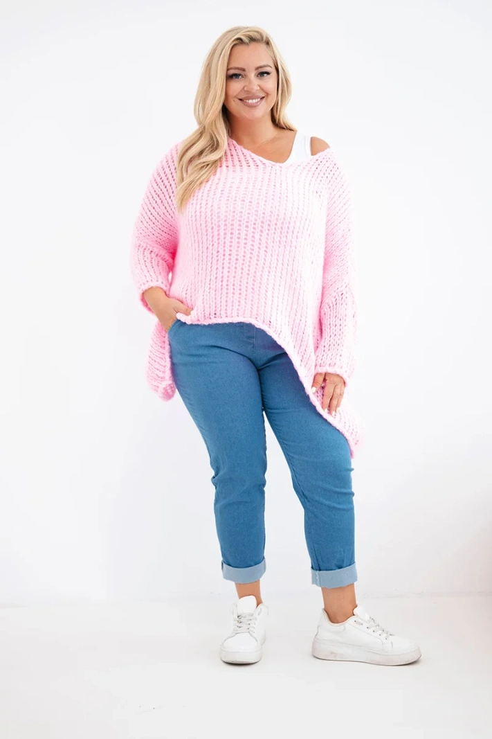 Damenpullover oversized mit V-Ausschnitt und längerem Rückenteil ajour Candy Rosa