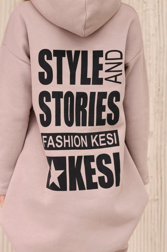 Bluza ocieplana z długim tyłem i kapturem ciemny beżowy