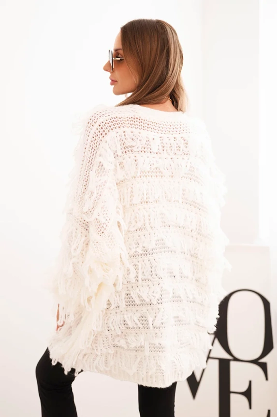 Women's cardigan with fringes and a loose fit ecru