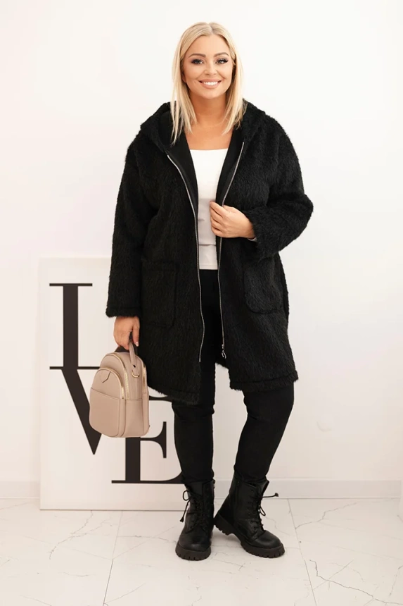 Dámský kabát Plus Size z viskózy na zip s kapucí černý