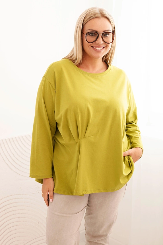 Dámská blůza Plus Size s bavlnou, kapsou a ohrnutým rukávem kiwi